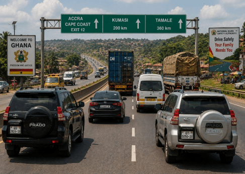 Defensive driving and road safety training on a busy Ghana highway