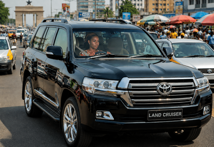Toyota Land Cruiser driving on a busy road in Ghana representing defensive driving and road safety awareness training