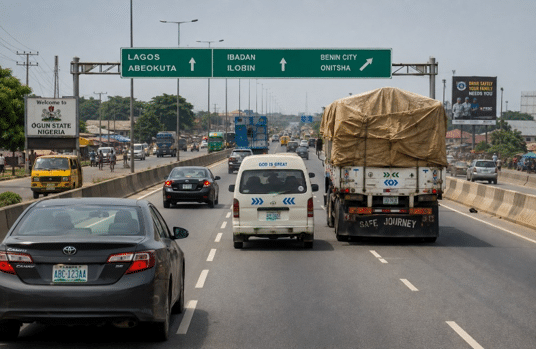 Defensive driving and road safety training on a busy Nigerian highway