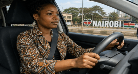 Woman practicing defensive driving in Nairobi, Kenya