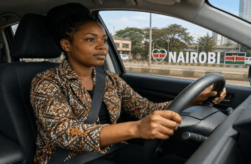 Woman practicing defensive driving in Nairobi, Kenya